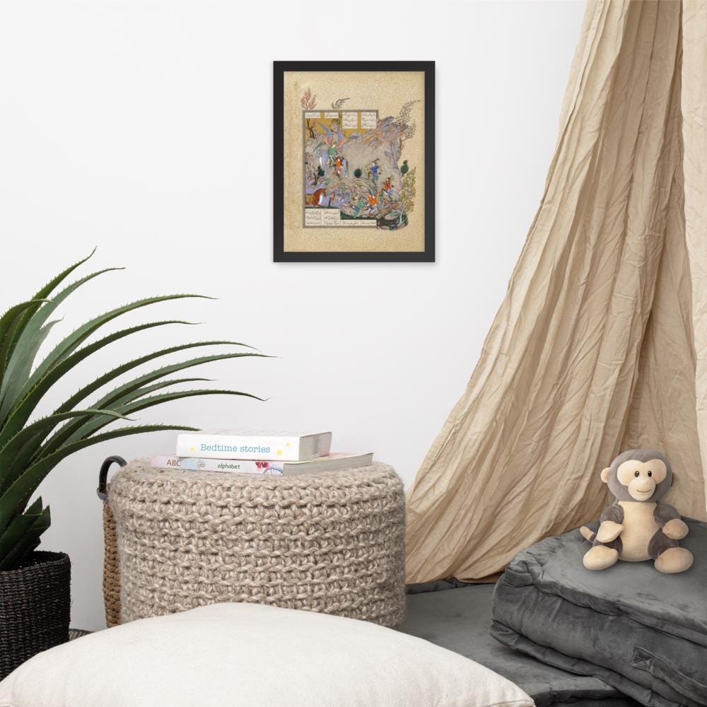 Persian Miniature Wall Art – Bahram Gur Slays the Rhino-Wolf | Shahnameh Illustration Print